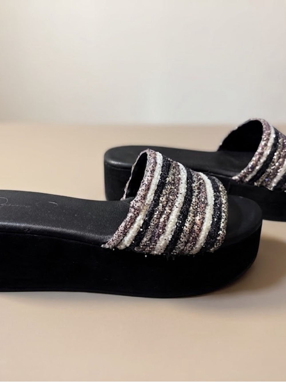 Jessica Simpson Black Platform Slide Sandals with Glitter Stripe Strap